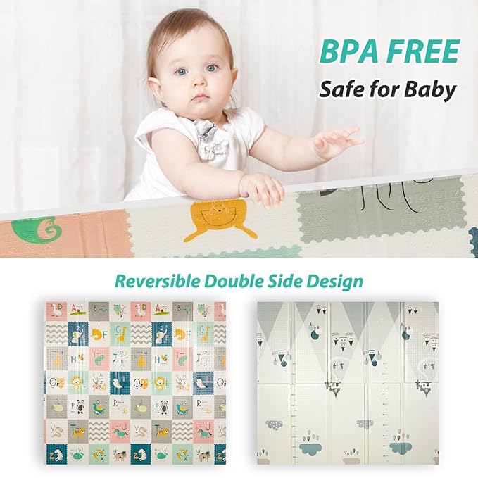 FLAGAV Baby Play Mat, 79x71inch Extra Large Folding Baby Crawling Mat, Waterproof Reversible Playmat Foam Non Toxic Anti-Slip Portable Kids Play Mat for Infant, Toddler