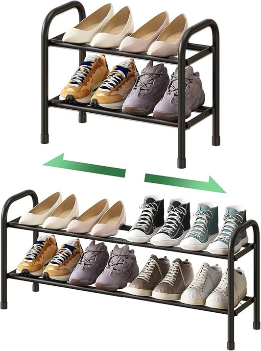 2-Tier Shoe Rack for Closet, Expandable Metal Shoe Organizer, Adjustable Shoe Shelf Storage Organizer, Standing Shoe Rack for Entryway Closet Doorway