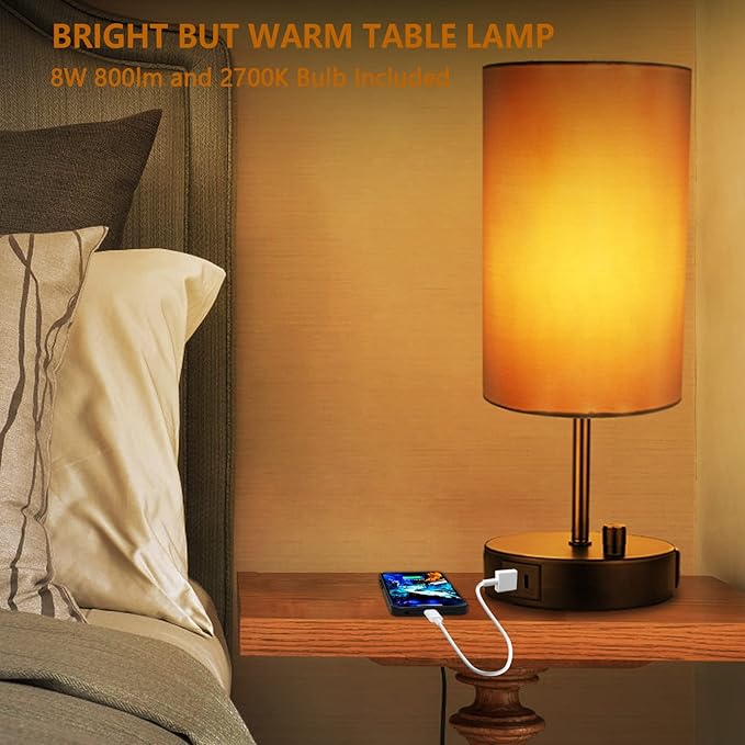 HiBay 17.75" H Dimmable LED Bedside Table Lamp with USB Charging Ports & AC Outlet, Modern Black Nightstand Light for Bedroom, Office, Living Room, Kids Room, Round Fabric Shade, E26 Bulb Included