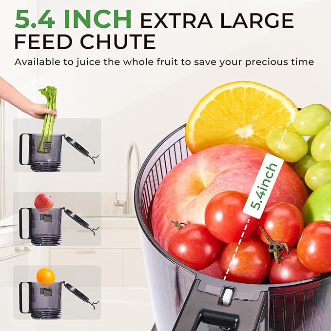 Masticating Juicer with Powerful 350W AC Motor, 5.4" Wide Feed Chute, Cold Press Slow Juice Extractor for Whole Fruits & Vegetables, High Juice Yield, AC-Black