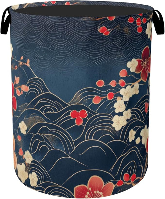 Japanese Wave Cherry Blossom Large Clothes Hamper Bag - Laundry Basket with Handles, Space Saving Foldable Design for Nursery