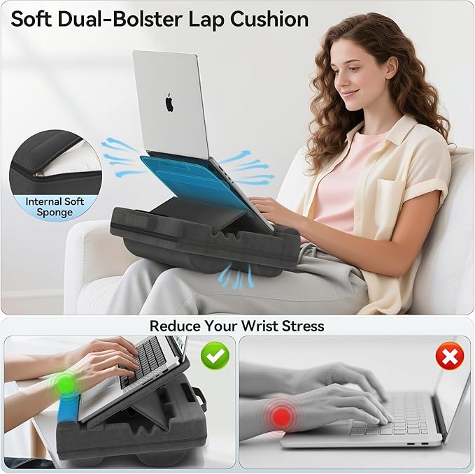 Laptop Lap Desk with Cushion, Adjustable Lap Desk Pillow with Storage, Portable Lap Table for Adults Student, Laptop Stand for Bed Office College Dorm Home Room Couch, Fit Up to 14.9" PC Tablet, Black