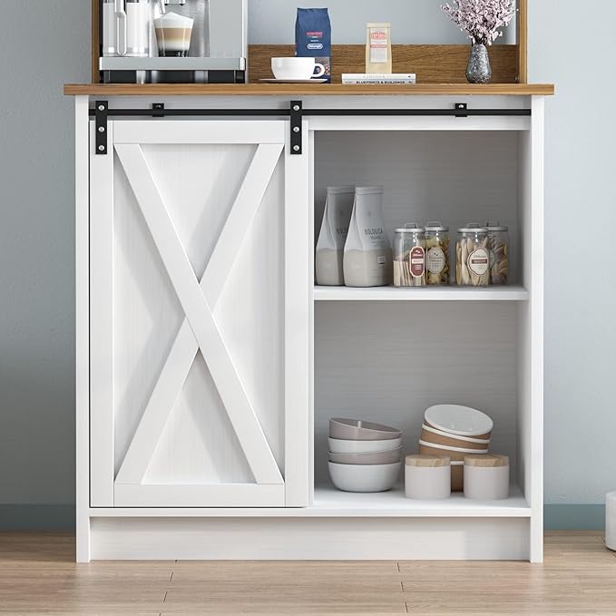 Farmhouse Coffee Bar Cabinet with 6 Hooks, White Coffee Bar Hutch with Storage, 50 Inch Buffet Cabinet with Sliding Barn Door, Coffee Bar Table with Adjustable Shelves for Living Dining Room