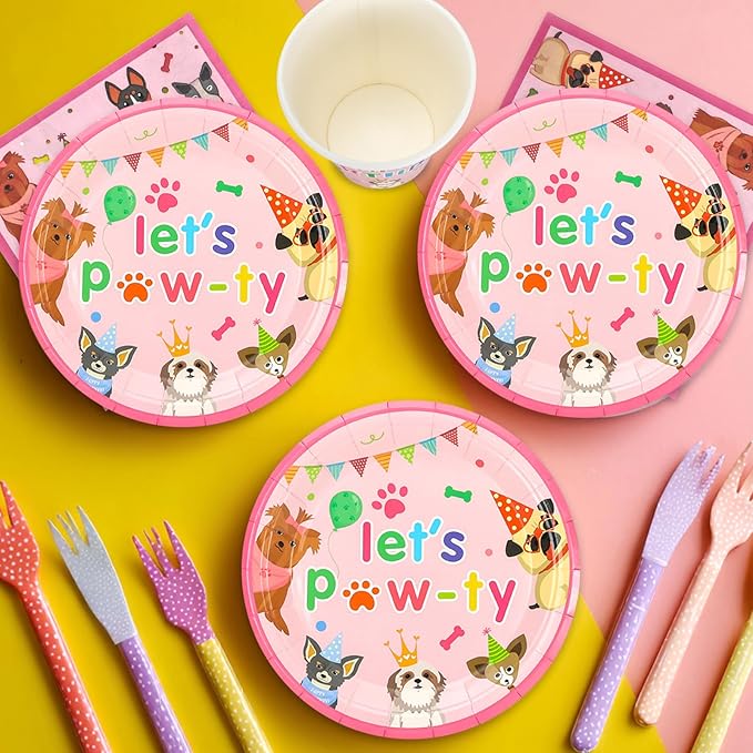 96pcs Kids Birthday Party Disposable Tableware Set Pink Pet Dog Pattern for 24 Guests Party Supplies Round Plates（Include Plates, Cups and Napkins）