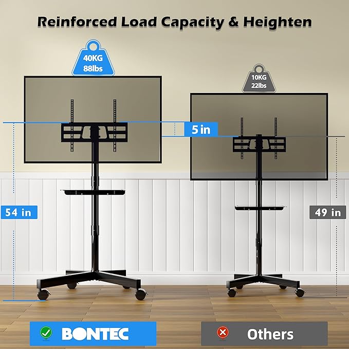 BONTEC Mobile TV Stand with Tilt Function, Rolling TV Stand for 23-60" LED, LCD, OLED TVs, Holds up to 88lbs, Max VESA 400x400mm, Adjustable Media Shelf, TV Cart for Living Room, Bedroom, Office
