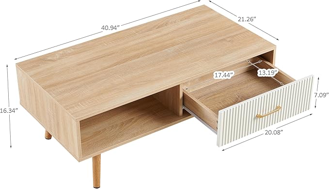 Mid Century Wooden Coffee Table with Stripe Drawer，Modern 41" Large Center Table with Storage，Rectangular Light Wood Coffee Tables for Living Room, 2-Tier Cocktail Table, Solid Wood Legs