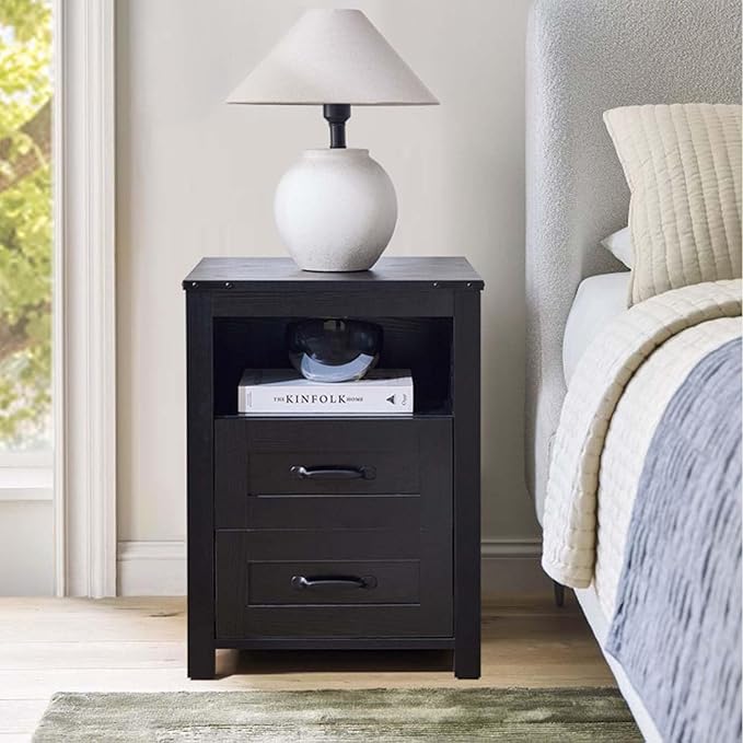 Farmhouse Nightstand Set of 2 with Charging Station & Drawers, Black Wood Bedside Table, End Table with 2 Storage Drawers & USB Ports for Bedroom, Dorm, Black