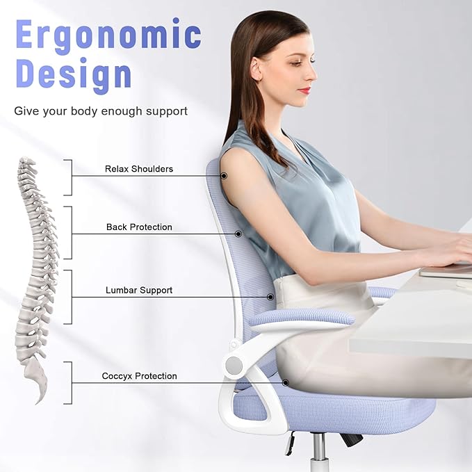 naspaluro Ergonomic Office Chair, Mid Back Desk Chair with Adjustable Height, Flip-Up Arms and Lumbar Support, Breathable Mesh Swivel Computer Chair for Home Study Working/Light Purple