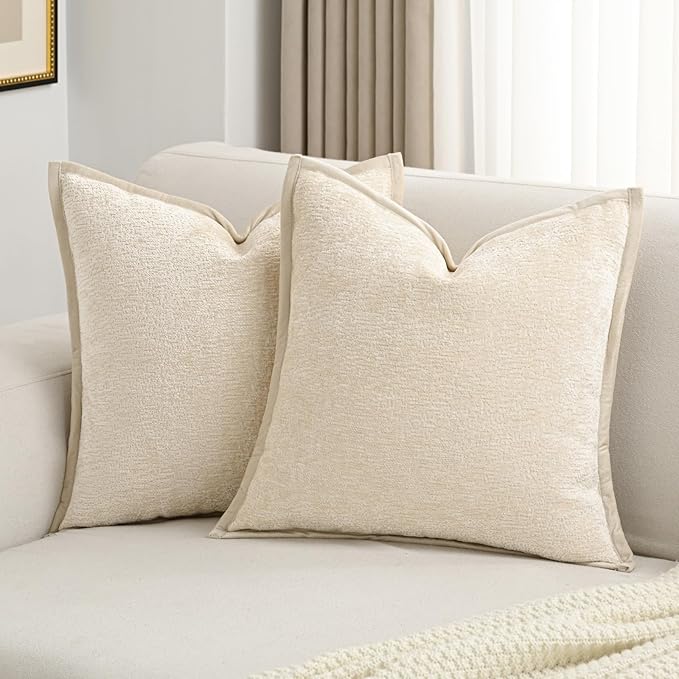 FUTEI Beige Chenille Throw Pillow Covers 22x22 Inch Set of 2,Soft Cozy Bound Edge Design Cushion Case,Home Decor for Couch Bed Living Room