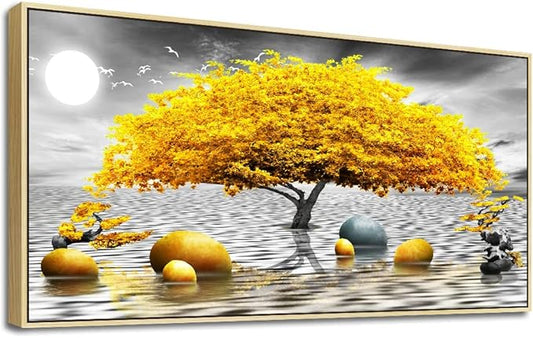 Black And White Wall Art - Framed Canvas Wall Decor For Living Room, Bedroom, Office - Large Size 24" X 48" - Boho Yellow Tree Painting - Natural Wood Frame