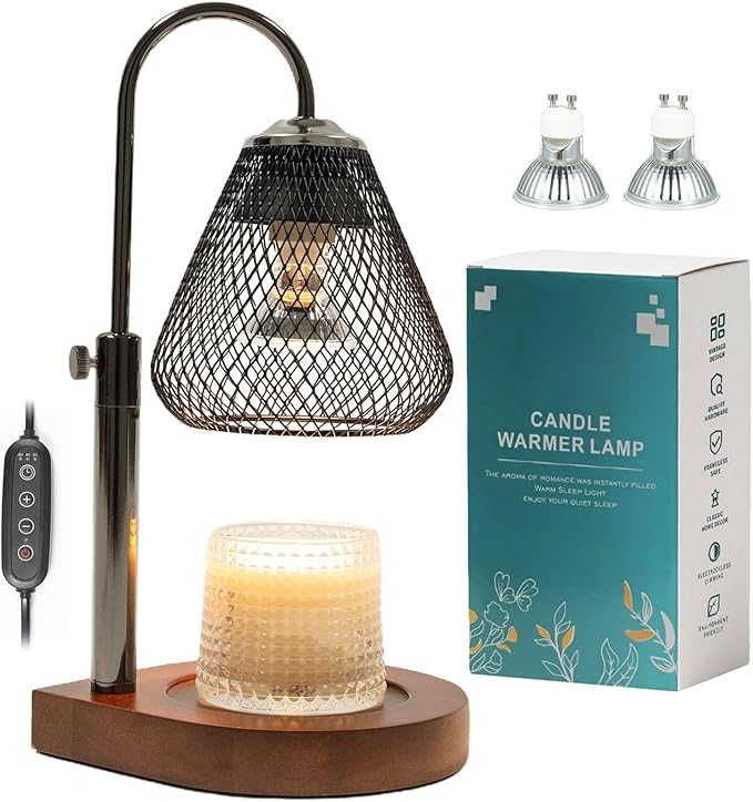 Candle Warmer Lamp with Timer Dimmable, New Adjustable Height Black Metal Wrought Iron Wax Melt Warmer Lamps for Scented Jar Candles, Gifts for Women Mom, Home Decor Table Lights