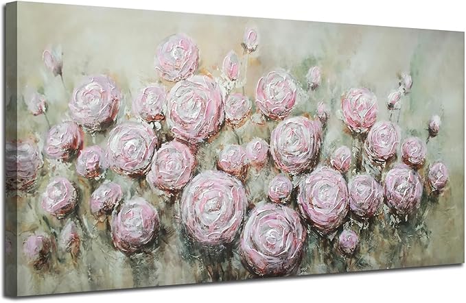 Arjun Pink Rose Wall Art Flower Canvas Painting 3D Textured Floral Silver Grey Artwork Living Room Modern Abstract Petals Tranquil Framed for Bedroom Home Office Wall Decor, Large Size 48"x24"