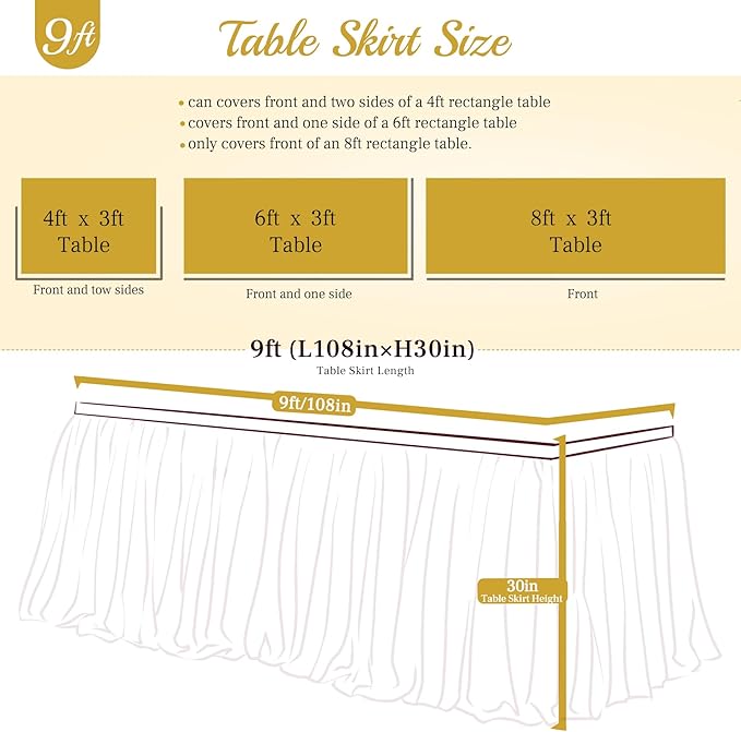 Suppromo 9ft Black Table Skirts for Rectangle Tables or Round Tables Black Tutu Table Cloth for Black Gold Happy Birthday Party, Wedding, Baby Shower, Graduation, Halloween Party Decorations