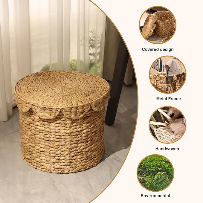 Vintage Woven Storage Basket with Scalloped Lid - Handwoven Water Hyacinth Laundry Hamper for Clothes, Blankets, Toys Organizing - Natural Wicker Basket with Lid (Large Round)