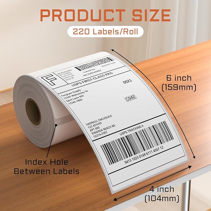 FungLam 4 Rolls 4XL Labels 4" x 6" Direct Thermal Printer Labels, Shipping Labels Compatible with LabelWriter 4XL 1744907 Thermal Postage Label Paper, 220 Labels/Roll