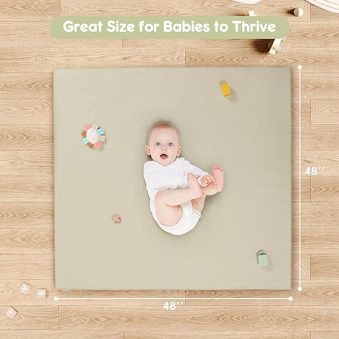 Padded Baby Play Mat, Super Soft Vegan Leather Baby Floor Play Mat, 48x48 Non-Slip Thick Foam Cushioned Play Mat for Babies 6-12 Months, Fits Nicely Into 50x50 Playpen Mat, Grayish Green