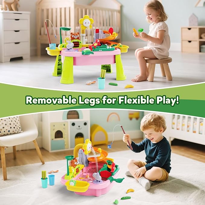 Toddler Water Table, Kids 4-8 Years Water Table with Pump, Sensory Table with Toy Vegetables, Dinnerware and Fishing Game, Outdoor Toys Summer Beach, for 3 4 5 6 7 8