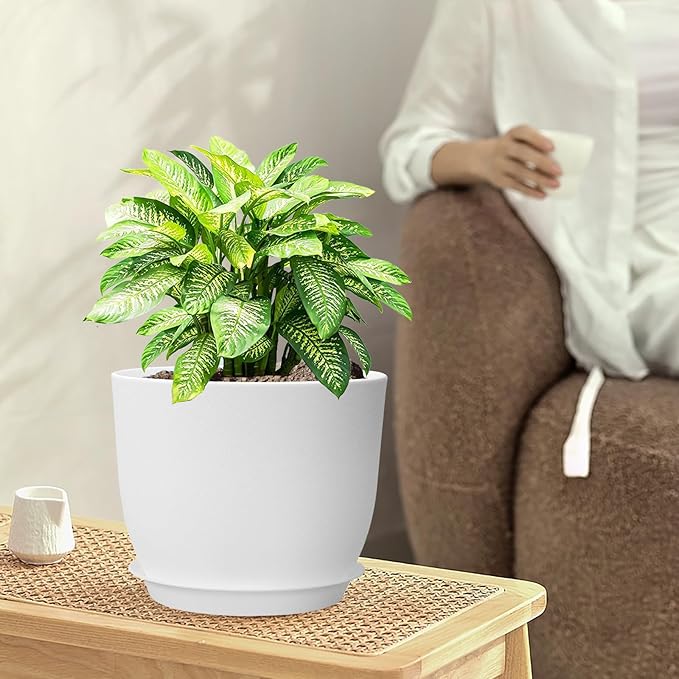 9/8/7.5 inch Flower Pots, Set of 3 Modern Decorative Plastic Planters with Drainage Holes and Saucers, Plant Pots for Indoor Outdoor Plants, White