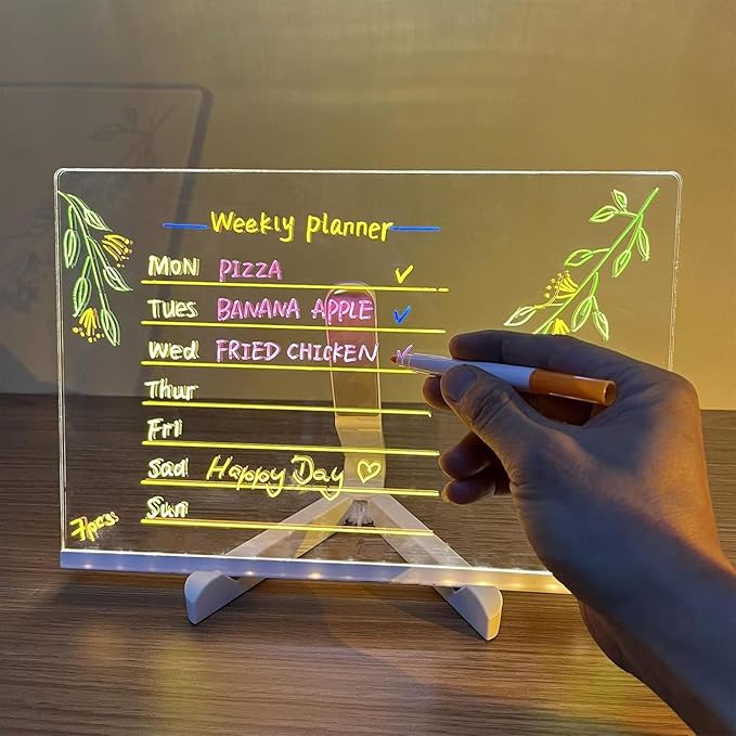 LED Note Board with 7 Colors Pen, Lighted Acrylic Dry Erase Board, 11.8 X 7.9” Glowing Acrylic Message Marker Board, LED Illuminated Drawing Board Light Up Dry Erase Board for Office School Home