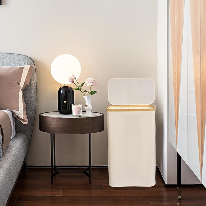 Laundry Basket with Lid, Narrow Laundry Hamper with Removable Bag, Travel Dirty Clothes Basket with Bamboo Handles for Bathroom, Bedroom & Laundry Room, 75L Beige