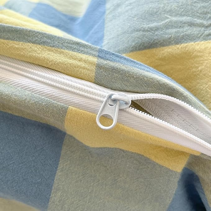 FACE TWO FACE Bedding Duvet Cover Set100% Washed Cotton Duvet Cover Linen Like Textured Breathable Durable Soft Comfy (California King, Blue Yellow Grid)