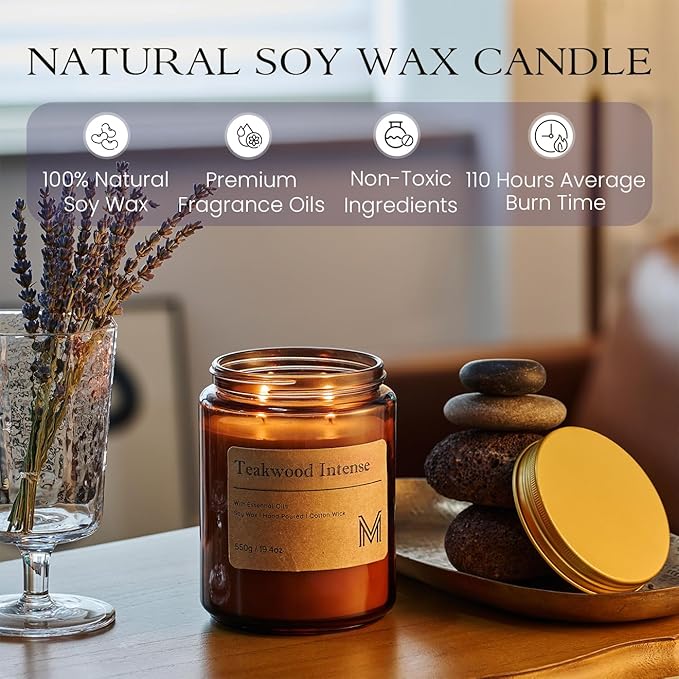 M&SENSE Teakwood Intense Home Scented Candle | 19.4oz, 116-Hour Burn | Natural Organic Soy Wax | Long-Lasting for Stress Relief and Gifting | for Bedroom，Relaxing SPA，Office