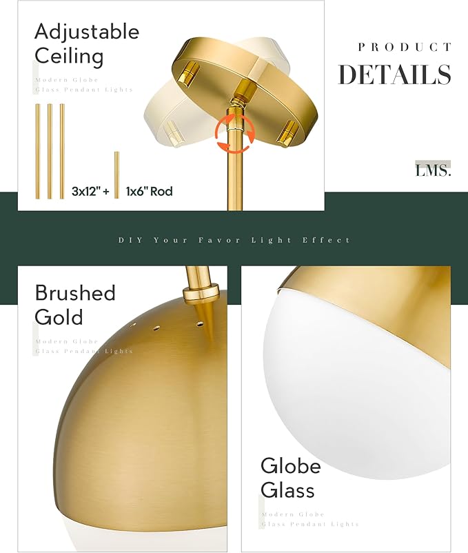 LMS 8 Inch Mid Century Pendant Lights, Brushed Gold Kitchen Island Light Fixtures with White Globe Glass Shade, Adjustable Hanging Rod, 3-Pack for Home Office Dining Room Bathroom, LMS-186BG3PK