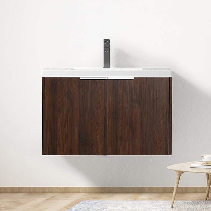 Goujxcy 30" Wall Mounted Bathroom Vanity with Sink, Modern Floating Bathroom Cabinet with White Resin Wash Basin & Storage Cabinet, Soft-Close Door Wood Hanging Bath Room Cabinet