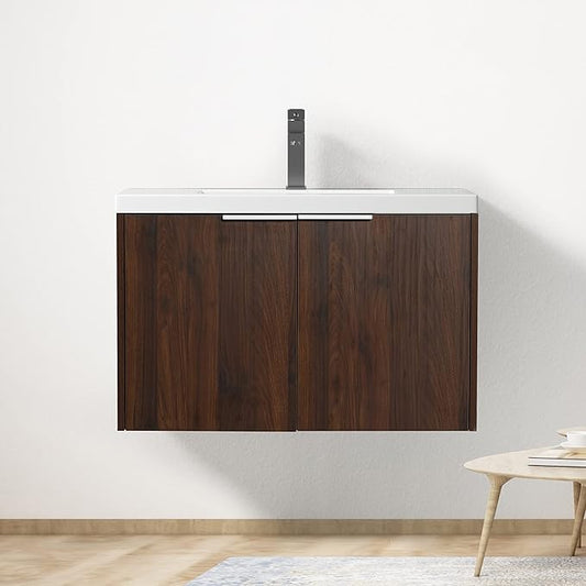 Goujxcy 30" Wall Mounted Bathroom Vanity with Sink, Modern Floating Bathroom Cabinet with White Resin Wash Basin & Storage Cabinet, Soft-Close Door Wood Hanging Bath Room Cabinet