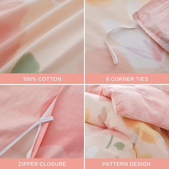 SAPHREAS Pink Floral Duvet Cover Set 3pcs Queen Size Garden Style Blossom Flower Printed Bedding Comforter Cover Set 100% Cotton 1 Duvet Cover 90"x90" 2 Pillow Shams, Comforter Not Included