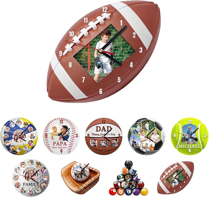 Custom Wall Clock, Personalized Clocks with Picture, Customized Silent Sports Ball Clock for Living Room Kids Bedroom, Creative Birthday Rugby Style