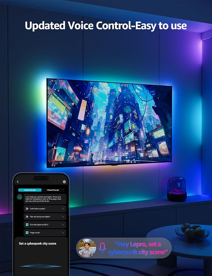 Lepro S1 AI LED Strip Lights for Christmas Decorations, 50ft Smart RGB Light Strips with IC and Rainbow Chasing Effects, Personalized Al Lighting Designer, No Remote, 2.4GHz Wi-Fi & Bluetooth