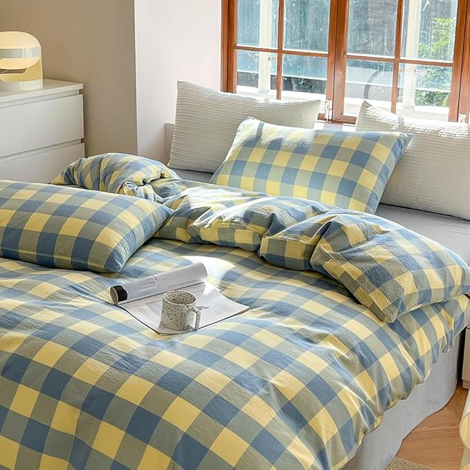 FACE TWO FACE Bedding Duvet Cover Set100% Washed Cotton Duvet Cover Linen Like Textured Breathable Durable Soft Comfy (King, Blue Yellow Grid)