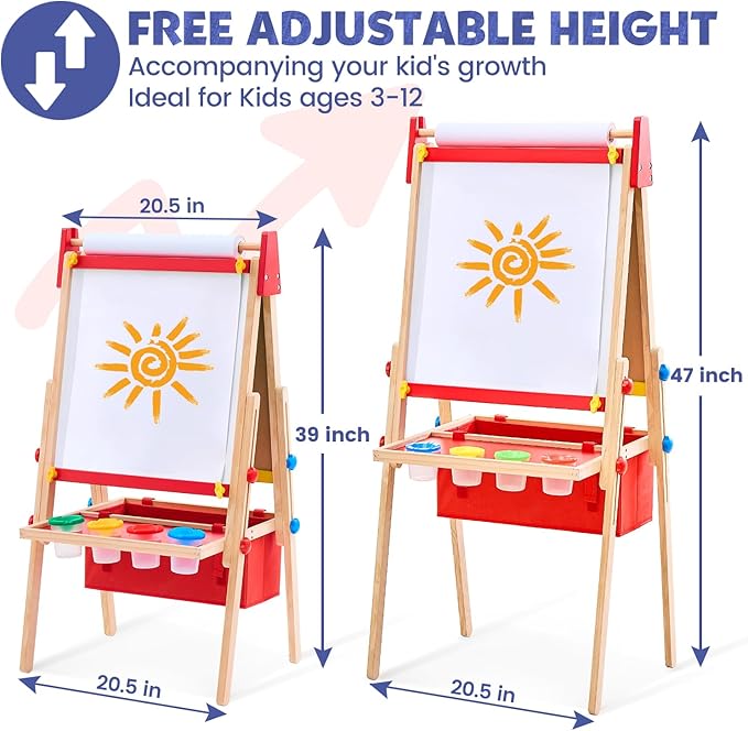 Art Easel for Toddlers Kids, Adjustable Standing Art Easel with Magnetic Chalkboard & Whiteboard, Dry-Erase Board, Paper Roll, Drawing & Painting Easel for Kids Ages 3 4-8 9-12, Red w/Bag