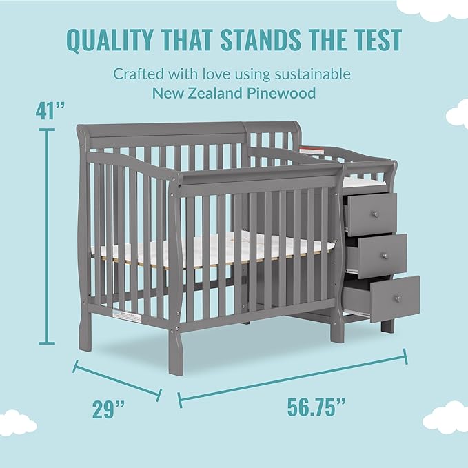 Dream On Me Jayden 4‑in‑1 Mini Convertible Baby Crib & Changer with Storage, Steel Grey, Pinewood, GreenGuard Gold & JPMA, 1” Mattress Pad, 3 Mattress Heights, Converts to Mini Day & Twin-Size Bed