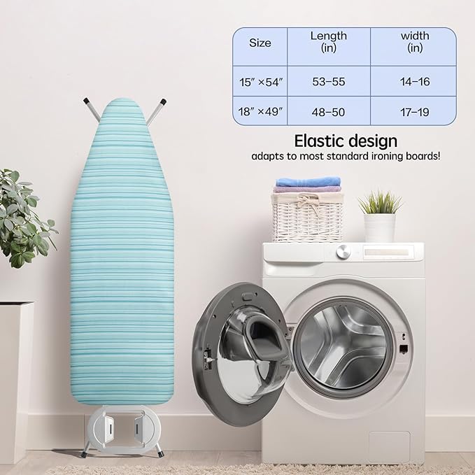 BNDX Ironing Board Cover, 15" x 54" Standard Size Thick Padding with 2" Elastic, Stain Resistant & Durable Scorch, 2 Click Buckles for Smooth Iron and Easy Installation Green Stripes