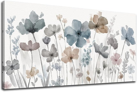 Elegant Flowers Canvas Wall Art - Floral Pictures for Wall Decor Indigo Brown Grey Canvas Painting Nature Printing Artwork for Living Room Bedroom Home Office Wall Decoration 20" x 40"