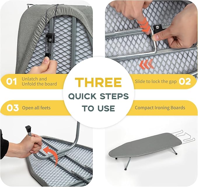 Metal Foldable Tabletop Ironing Board with Iron Rest, Portable Ironing Board Small with Heat Resistant Cotton Cover, RAINHOL Mini Iron Board for Small Space and Travel, 31"x12", Gray