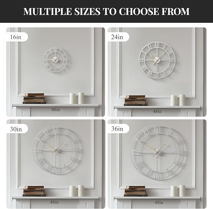 36 Inch Extra Large Wall Clock, Modern Silver Decorative Metal Wall Clocks for Living Room, Completely Silent Non Ticking Battery-Operated Roman Numeral Analog Round Clock