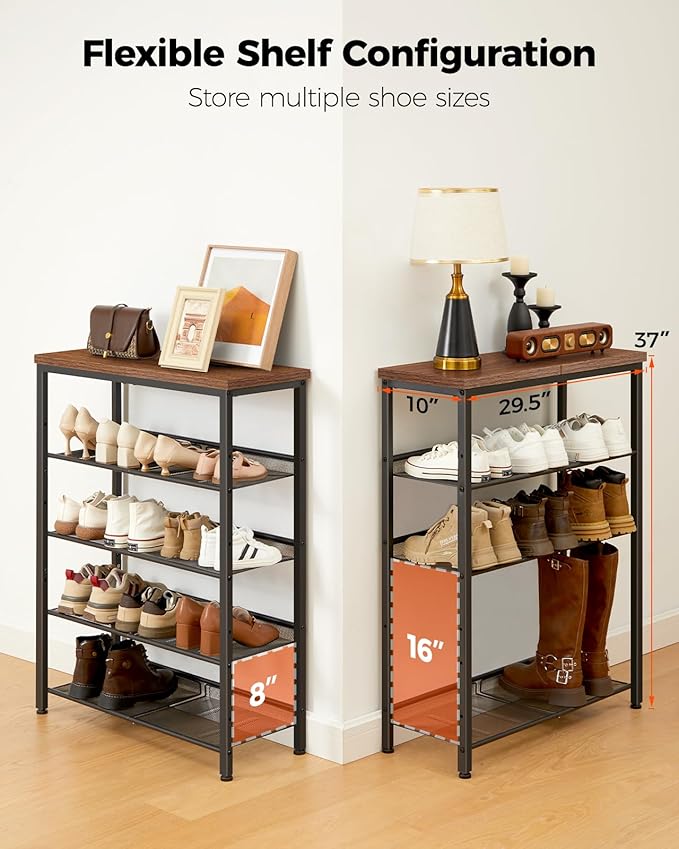 Pipishell 5-Tier Shoe Rack for Entryway and Small Spaces with Wooden Top & Metal Frames, Shoe Storage Organizer with Adjustable Storage Shelves, PISRB4