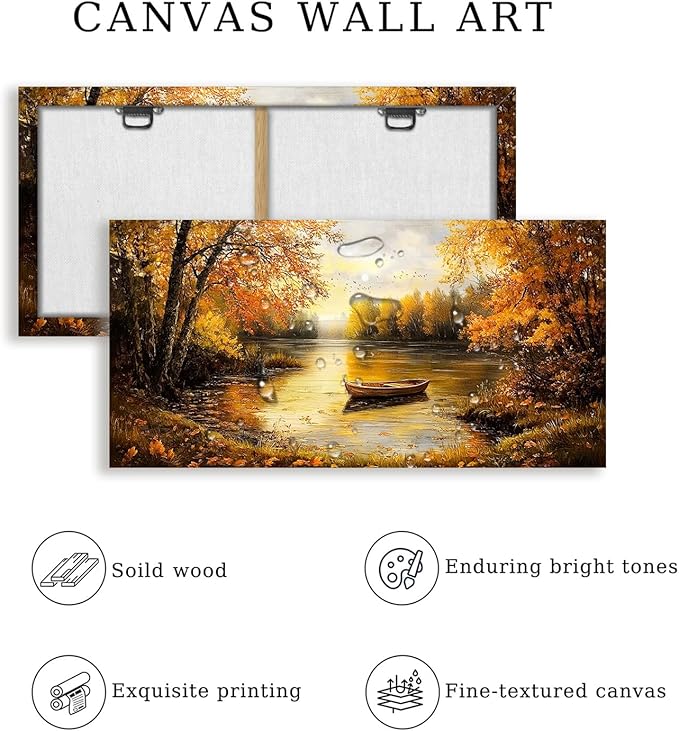 SERIMINO Fall Landscape Large Canvas Wall Art Living Room, Lake Boat Forest Art Prints, Autumn Scenery Nature Decor Pictures, Rustic Gold Paintings Wall Decor Bedroom, Office Decoration 24"X48"
