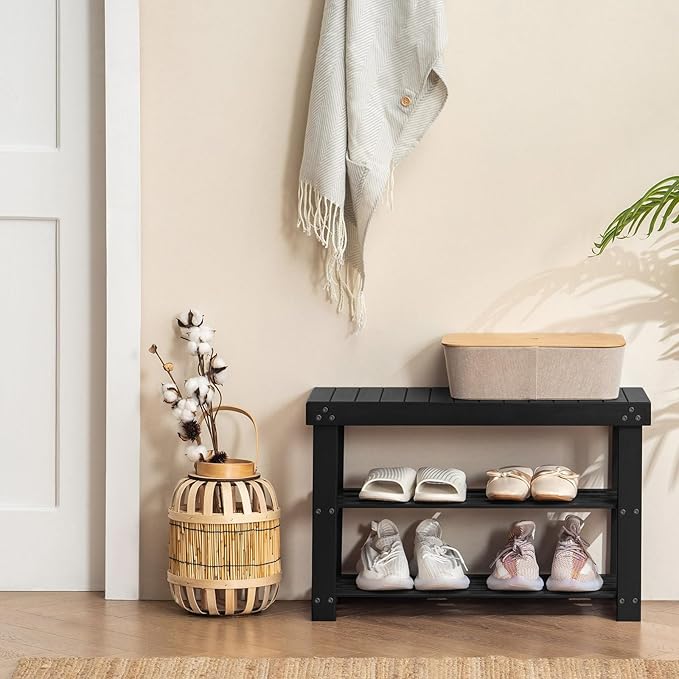 Apicizon Bamboo Shoe Rack for Entryway, 3-Tier Shoe Rack Bench for Front Door Entrance, Small Shoe Organizer with Storage, Black