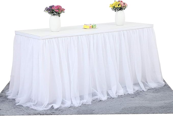 Suppromo 14ft White Tulle Table Skirt Tutu Table Skirt Tablecloth Decorations for Rectangle or Round Tables for Birthday Party Baby Shower Wedding Buffet Banquet Decoration(L14(ft)*H 30in)