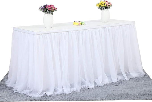 Suppromo 14ft White Tulle Table Skirt Tutu Table Skirt Tablecloth Decorations for Rectangle or Round Tables for Birthday Party Baby Shower Wedding Buffet Banquet Decoration(L14(ft)*H 30in)