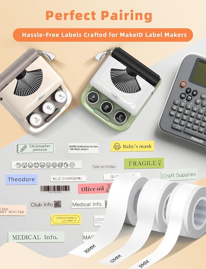 MakeID E1 Q1 Label Maker Tape Refills, 3-Roll 16mm x 4m (0.63" x 13') Continuous Consumables Thermal Laminated Office Labeling Tape Replacement