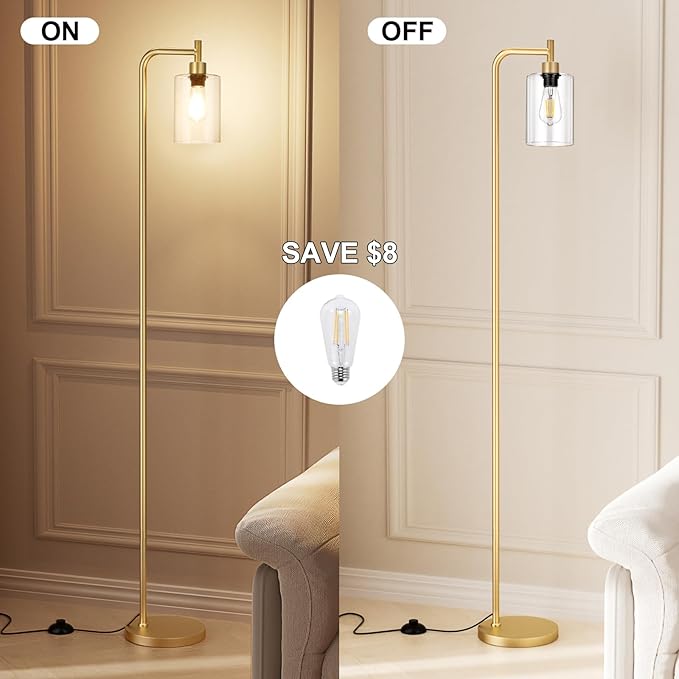Floor Lamps for Living Room - Industrial Standing Lamp with Glass Shade, Modern Gold Floor Lamp with LED Bulbs, Farmhouse Floor Lamp for Bedroom, Tall Lamp for Office - Gold