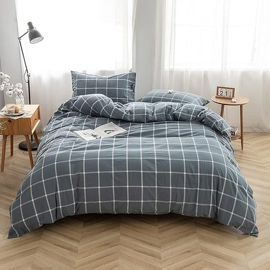 FACE TWO FACE Bedding Duvet Cover Set 3 Pieces 100% Washed Cotton Duvet Cover Linen Like Textured Breathable Durable Soft Comfy (California King, Grey Green Grid)