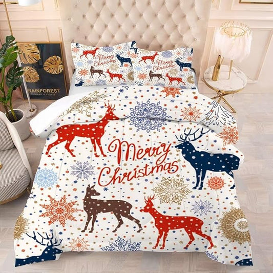 Beige Christmas Comforter Set Twin for Kids, Cartoon Reindeer and Snowflake Print Bedding Set, Cute Xmas Bed Set for Home Decor with 1 Comforter and 1 Pillowcase