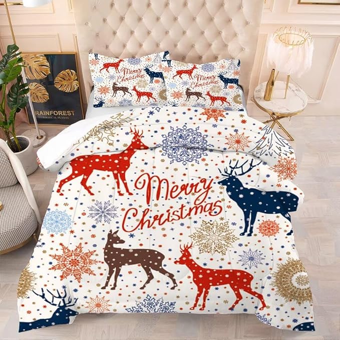 Beige Christmas Comforter Set Full/Queen for Kids, Cartoon Reindeer and Snowflake Print Bedding Set, Cute Xmas Bed Set for Home Decor with 1 Comforter and 2 Pillowcases