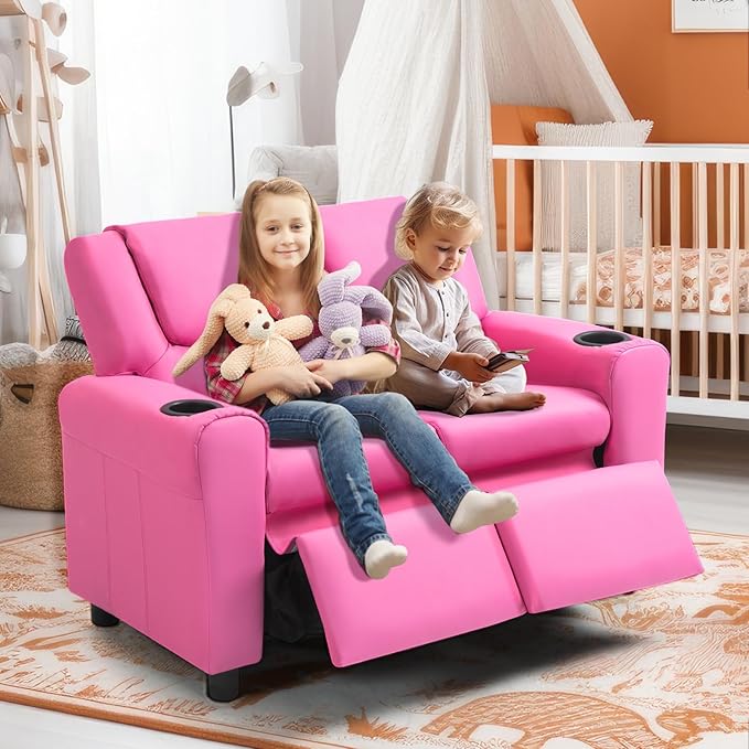 AVAWING Kids Recliner Chair, Double Kids Sofa Chair w/Cup Holder PU Leather, Toddler Loveseat Couch w/Adjustable Footrest & Headres for Boys Girls 3+ Age Group, Pink